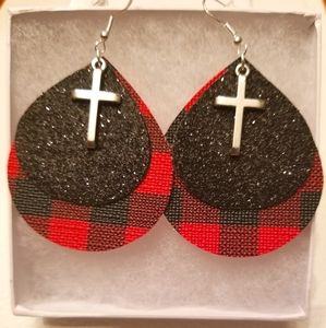 Buffalo Plaid Cross Faux Leather Earrings